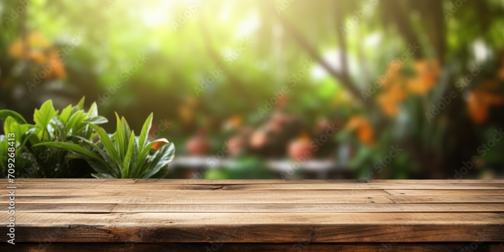 Fototapeta premium Wooden table over garden background for product presentation.