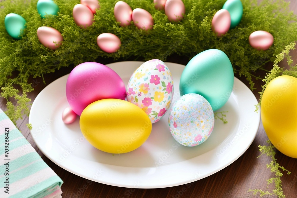 Easter table setting with colored eggs and flowers. Selective focus. Easter table setting with colored eggs and flowers. Selective focus.