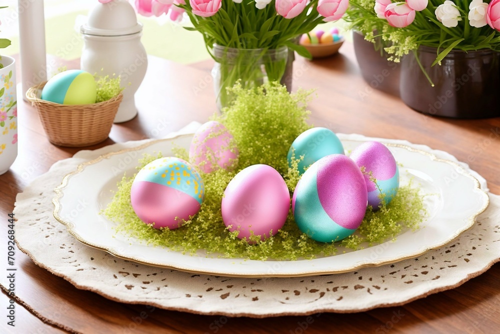 Easter table setting with colored eggs and flowers. Selective focus. Easter table setting with colored eggs and flowers. Selective focus.