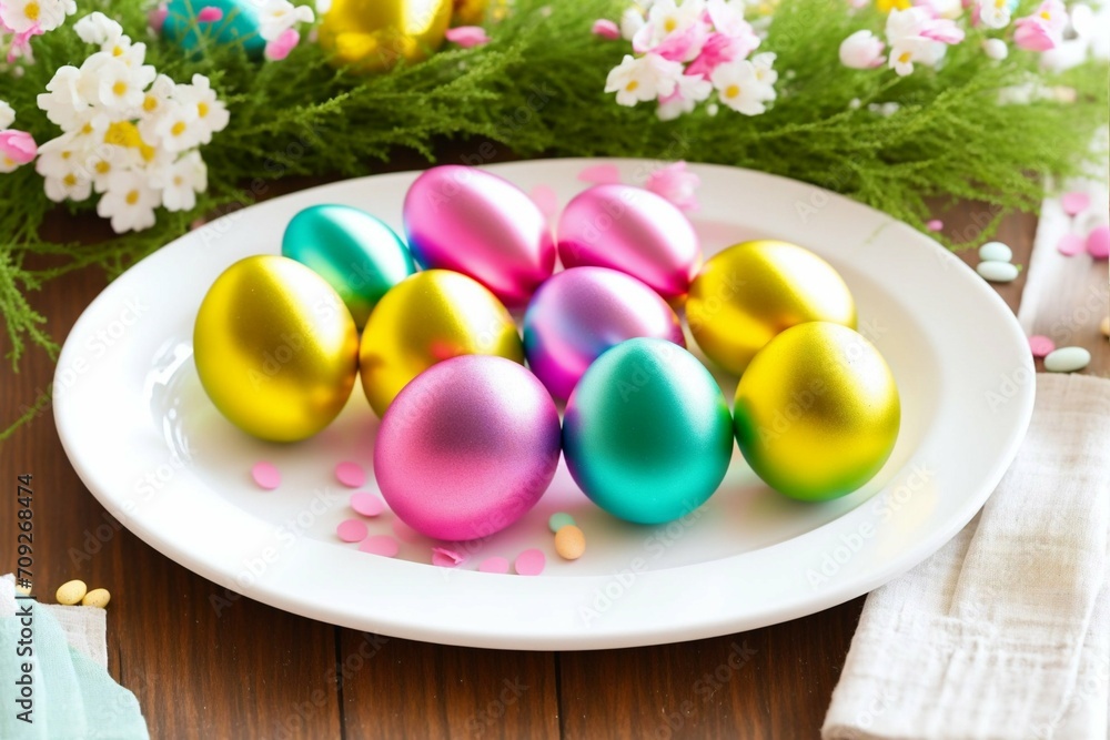 Easter table setting with colored eggs and flowers. Selective focus. Easter table setting with colored eggs and flowers. Selective focus.