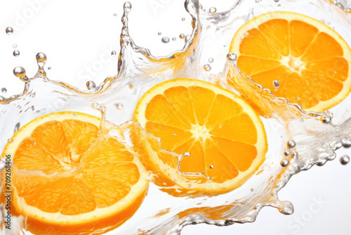 Fresh orange slices with splashed water on white background.