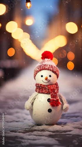 Super cute little snowman in the street, wearing knitted red scarf and beanie hat created with Generative Ai