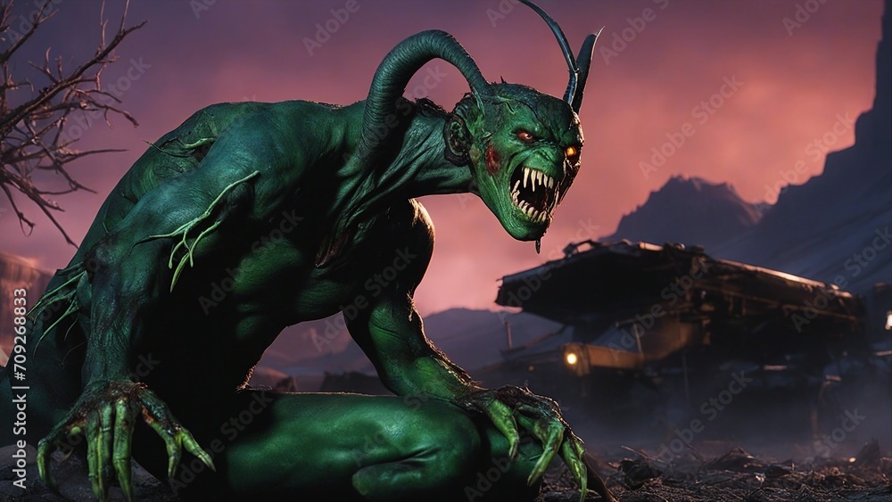 Fototapeta premium A nightcrawler demon that has been mutated by a nuclear war and is roaming the wasteland, looking for prey 