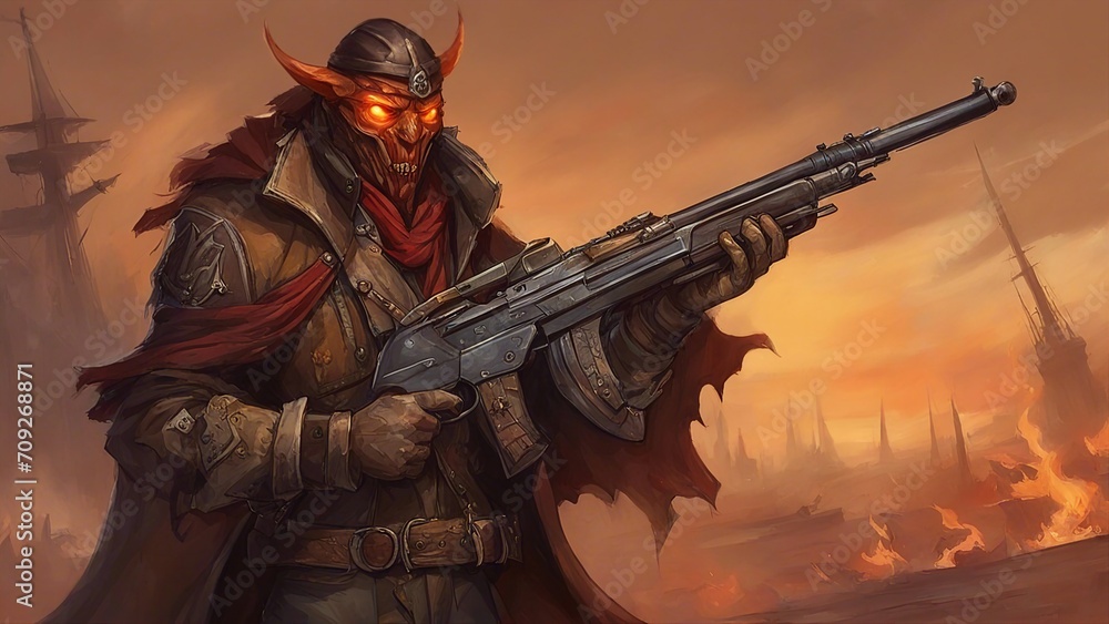 Naklejka premium statue of the demon soldier A rebel demon devil leader, who leads a band of outcasts and rebels against the oppressive