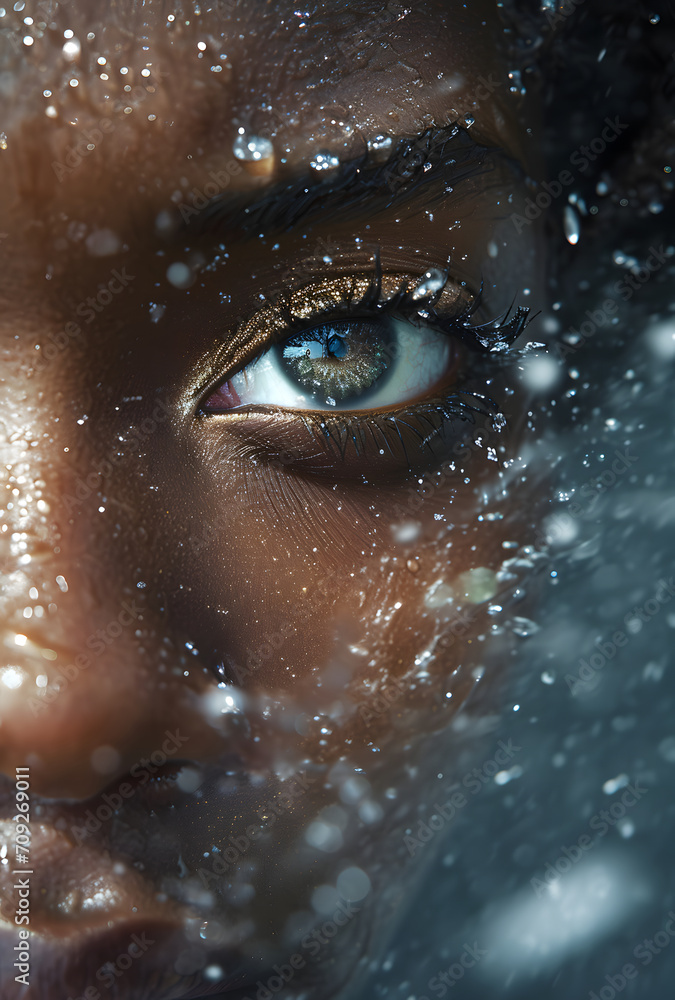 Starry eyes photo in the snow, close up portrait, afrofuturism Starry eyes photo in the snow, close up portrait, afrofuturism