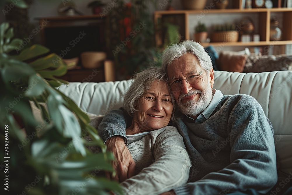55 years old woman and 60 years old man looking happy and loving, on the white sofa living room with Plant background. 55 years old woman and 60 years old man looking happy and loving, on the white sofa living room with Plant background.