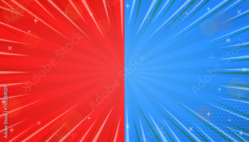 Red and blue bicolor jagged concentration line background, explosion in comics book pop style with expression text space, blank layout template with halftone dots and stars isolated photo