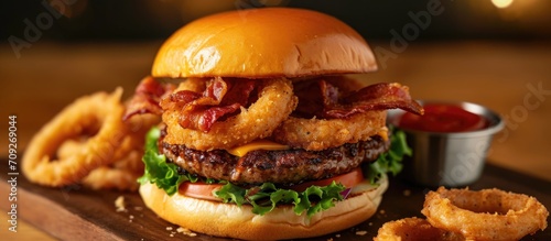 Burger topped with bacon and onion rings.