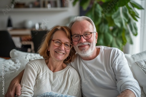55 years old woman and 60 years old man looking happy and loving, on the white sofa living room with Plant background.