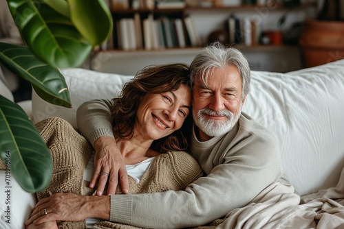 55 years old woman and 60 years old man looking happy and loving, on the white sofa living room with Plant background.