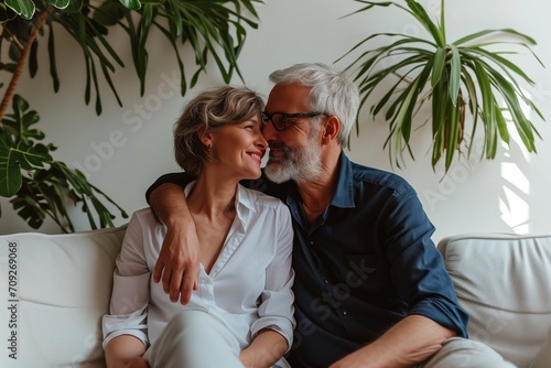 55 years old woman and 60 years old man looking happy and loving, on the white sofa living room with Plant background.