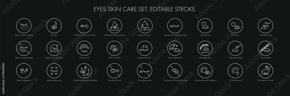Fototapeta premium Eye skin care area icon pack set for patch, cream, mask cosmetic and beauty product, ophthalmology clinic, web, packaging. Vector stock illustration isolated on black background. Editable stroke.