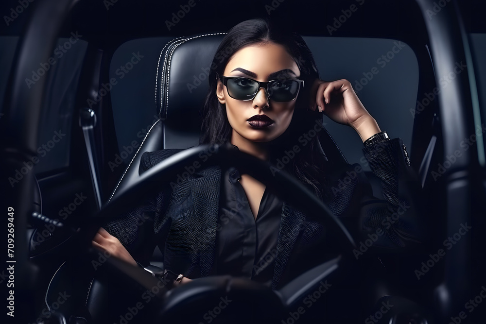 Stylish woman in her luxury car. Neural network AI generated art Stylish woman in her luxury car. Neural network AI generated art