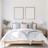 Minimal modern, Scandinavian bedroom, home design with warm furniture colors, poster frame mockup on bright interior background, 3d render
