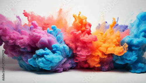 Generate fluffy, cloud like formations of colorful powder in the frame, giving the appearance of soft and billowy clouds against a pristine white background.
