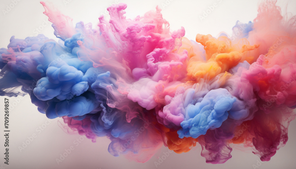 Fototapeta premium Generate fluffy, cloud like formations of colorful powder in the frame, giving the appearance of soft and billowy clouds against a pristine white background.