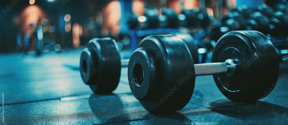 Working out in an empty gym using dumbbells for exercise, bodybuilding, and strength training, with dedication, motivation, and heavy weights for strong muscles.