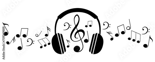 Music notes wave with treble clef and headphone icons, group musical notes abstract background, melody decoration – stock vector
