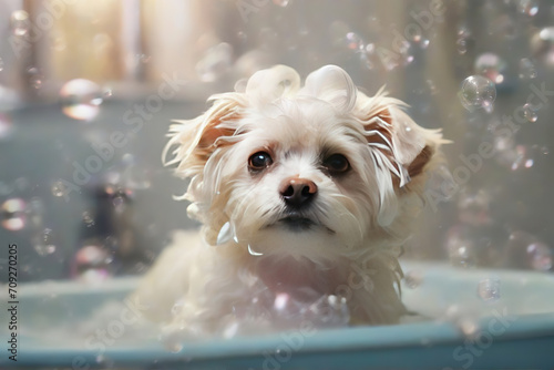 Cute dog in a small tub with soap suds and bubbles, portrait of a cute dog taking a bath, dog hygiene