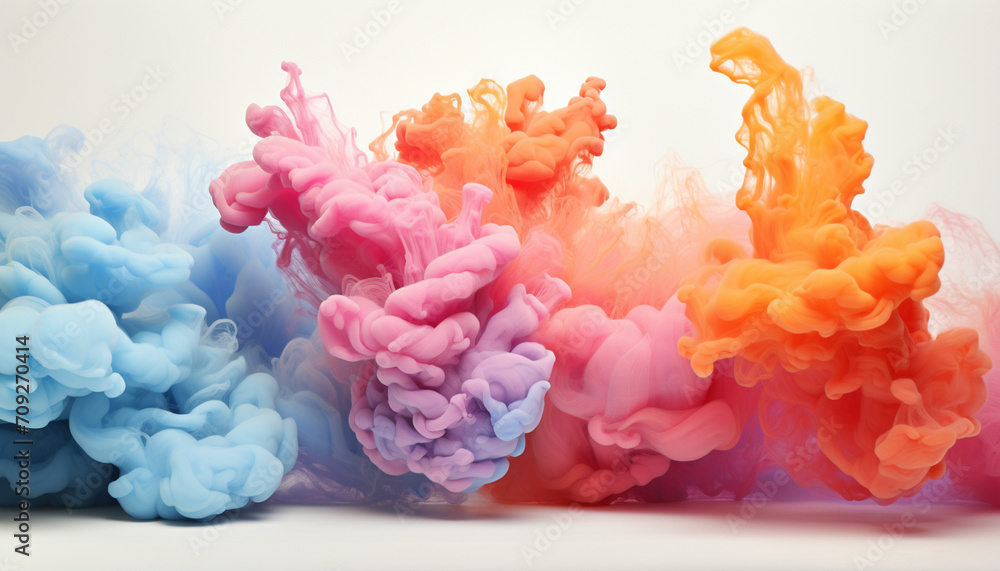 Fototapeta premium Generate fluffy, cloud like formations of colorful powder in the frame, giving the appearance of soft and billowy clouds against a pristine white background.