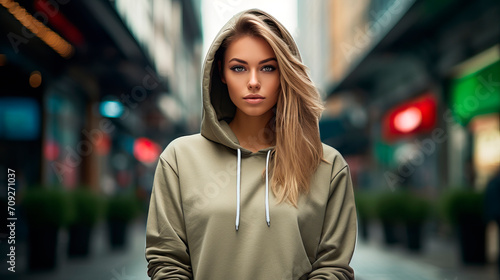 Handsome young female wearing khaki hoodie on street background. Image of elegant, stylish and self-confident woman, leading fashionable lifestyle. Space for your logo or design. Mockup for print. #709271037