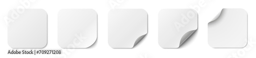 Paper stickers square with rounded edges adhesive. White tags, paper round stickers with peeling corner and shadow, isolated rounded plastic mockup, realistic set round paper curved corner