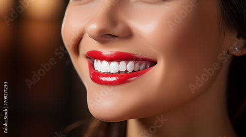 Beautiful smiling girl with clean white teeth and saturated color lipstick