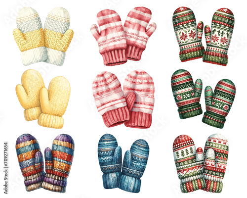Watercolor winter mittens set, winter accessories, vector illustration