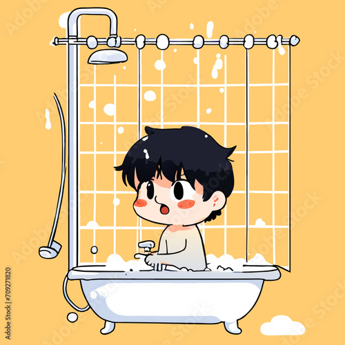 Cartoon little boy taking a bath, sitting in soapy lather
