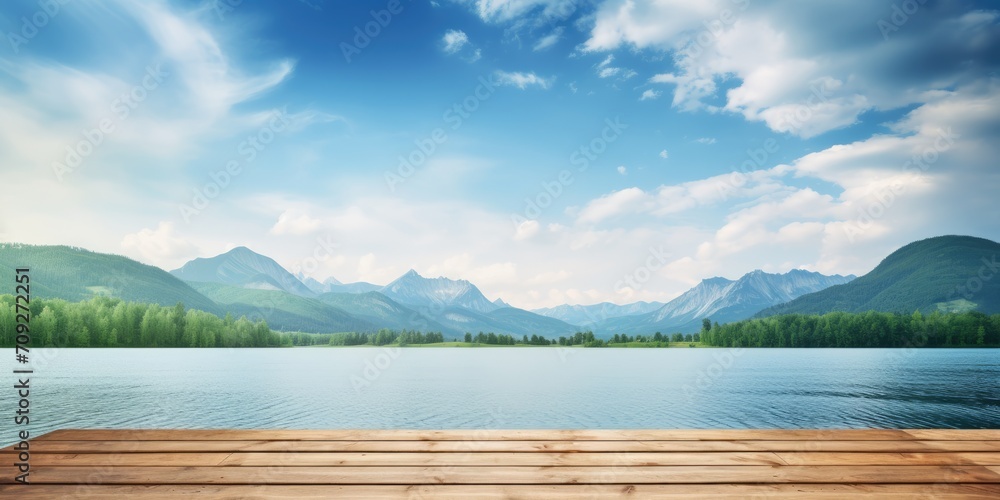 Wooden table top surface with mountain lake water and cloud sky background panorama. Wooden table top surface with mountain lake water and cloud sky background panorama.