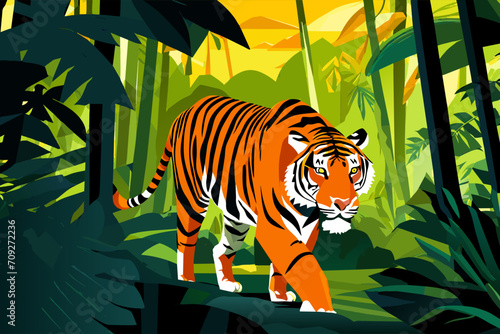 Striped wild tiger walks through tropical jungle surrounded by palm trees and ferns, vector cartoon illustration