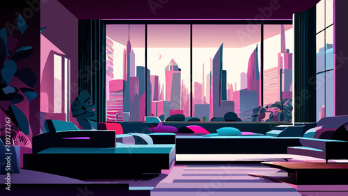 Stylish modern interior of a hall in a penthouse in a high-rise with a window view of the city and other skyscrapers