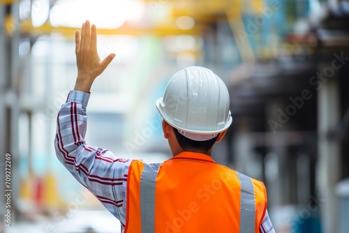 A portrait Builder with white safety helmet raises his hand in joy.