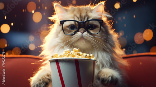 Hyper realistic fluffy cat in cinema, in 3d glasses, holding box of popcorn created with Generative Ai