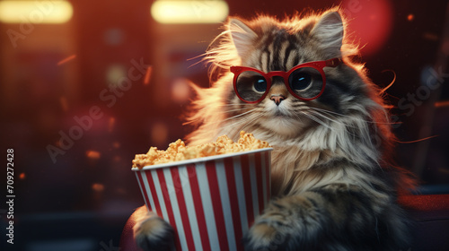 Hyper realistic fluffy cat in cinema, in 3d glasses, holding box of popcorn created with Generative Ai