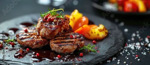 Pork with grilled vegetables and sauce, on restaurant menu. Vertical presentation. photo