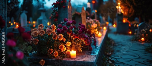 All Saints Day in Slovakia  Europe  with flowers and candles adorning a tombstone in the churchyard.