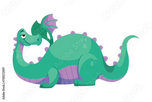 Fairy Green Dragon as Horned Legendary Creature with Wings Vector Illustration