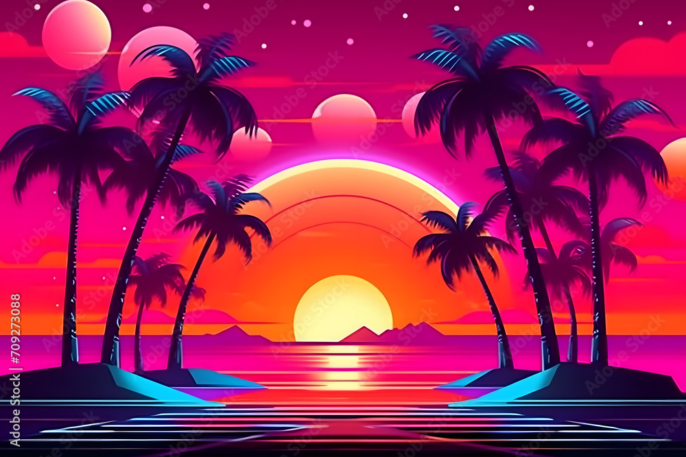 Retro wave city background. Neon night landscape with a futuristic city in the style and aesthetics of the 80s and 90s. Synthwave, cyberpunk. Neural network AI generated art