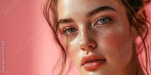 Wallpaper Mural Beautiful young woman with fresh clean skin on pink background. Face care, cosmetology, beauty treatment and spa concept. Torontodigital.ca