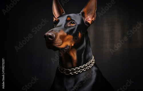 Portrait of beautiful powerful Doberman Pinscher in an iron collar on a dark background