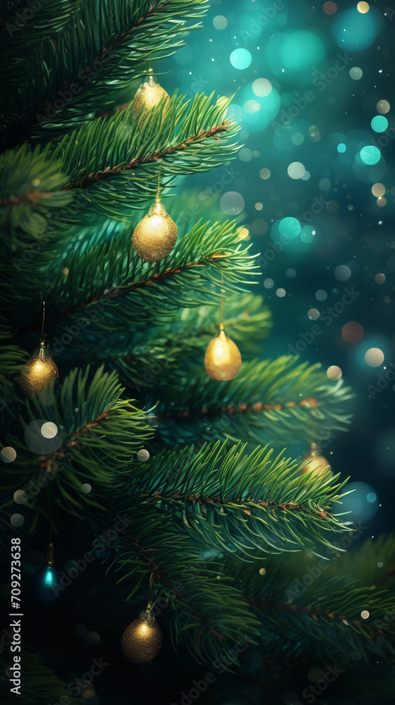 Hyper realistic christmas tree green spruce branch, lights created with Generative Ai