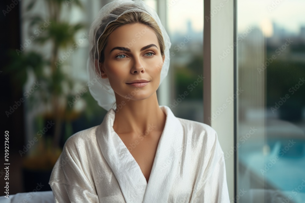 A woman in a white coat in a hotel stands near a window. Spa salon. Rest. vacation. Self-care. Bride. Preparation for the wedding. A woman in a white coat in a hotel stands near a window. Spa salon. Rest. vacation. Self-care. Bride. Preparation for the wedding.