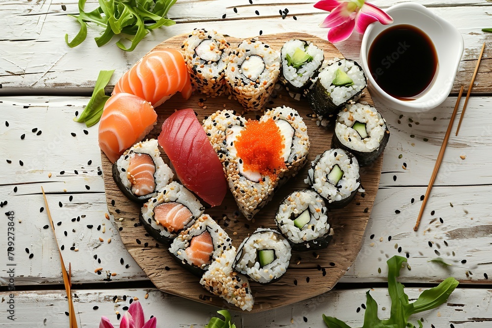 © Jim1786 - heart made from Japanese sushi Philadelphia, Valentine's Day sushi delight on a heart-shaped wooden board, inviting for romantic dining experiences, culinary blog, restaurants menu, and lifestyle.