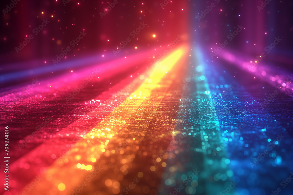 3d render, The ground glows with rainbow colors in the dark space, Abstract background of colorful spectrum