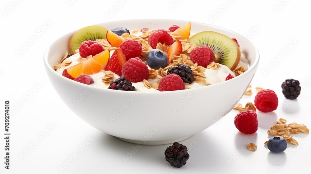 Cereal with fresh fruit, berries, and yogurt on a white background Cereal with fresh fruit, berries, and yogurt on a white background
