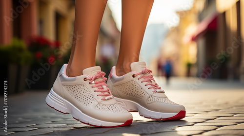 Pair of stylish women's sneakers, concept of comfortable walk