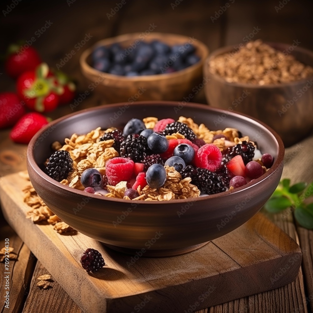 Side View of Oats with fresh berries on a wooden breakfast table Side View of Oats with fresh berries on a wooden breakfast table