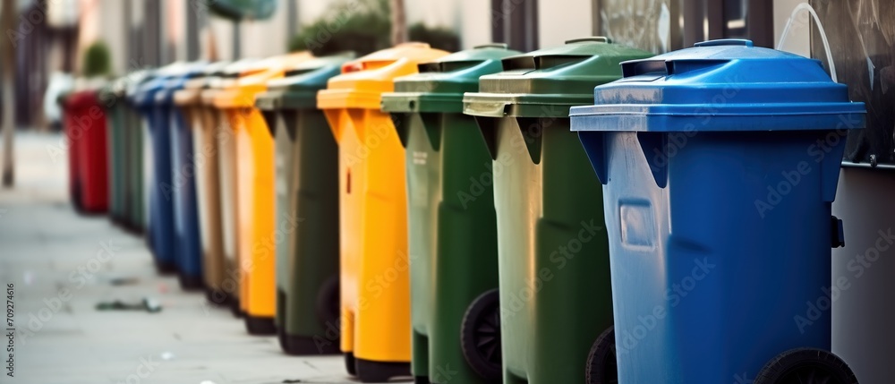 Row of recycle bins on the street. Garbage separation concept. Colorful ...