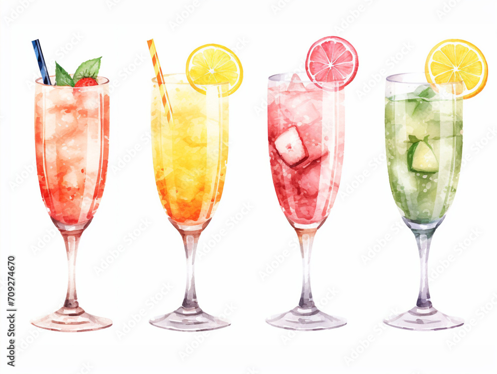 Watercolor illustration of cocktails beverages on white background Watercolor illustration of cocktails beverages on white background